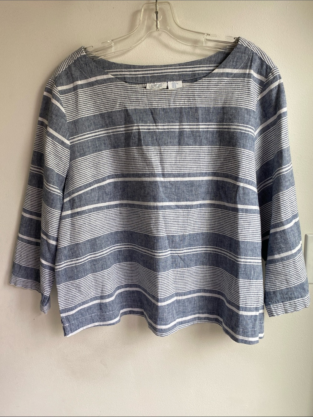 Sigrid  Olsen Linen Blend Striped Crop Top Blouse 3/4 Sleeves XL